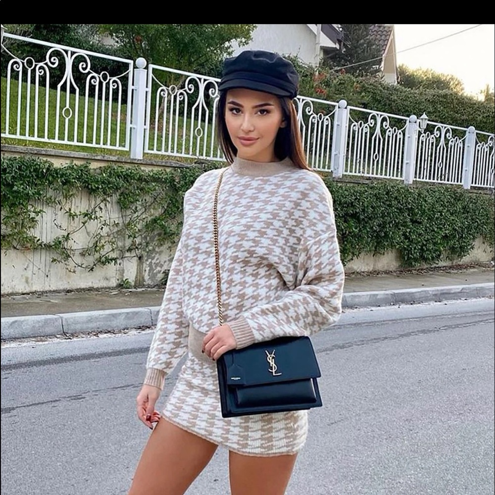 Houndstooth Sweater & Skirt Set